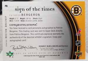 Patrice Bergeron 2006 SP Authentic Sign of the Times Auto back
