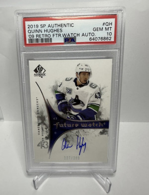 2019-20 SP AUTHENTIC QUINN HUGHES RC Future Watch Retro Auto /399 PSA 10 Gem front