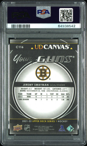 2021-22 Upper Deck Series 1 Young Guns CANVAS BLACK Jeremy Swayman PSA 10 back