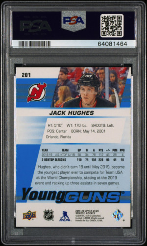 2019 Upper Deck Jack Hughes Young Guns PSA 10 back