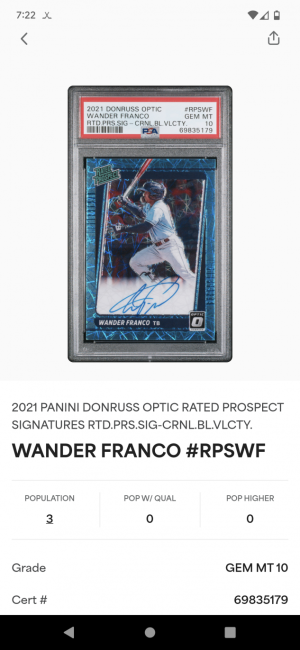 Wander Franco Rated Prospect Carolina Blue Velocity Auto /15 PSA 10 back