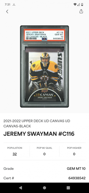 Jeremy Swayman Young Guns Canvas Black PSA 10 . Pop 33 back