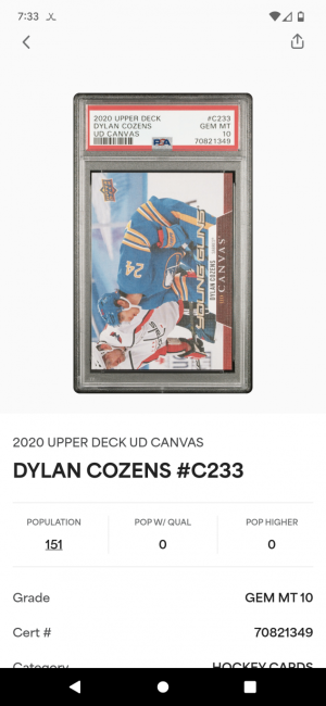 Dylan Cozens Young guns Canvas PSA 10 back
