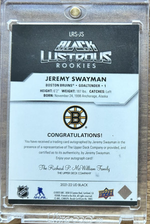 2021-22 UD Black Jeremy Swayman Black Lustrous Rookies AUTO /199 back