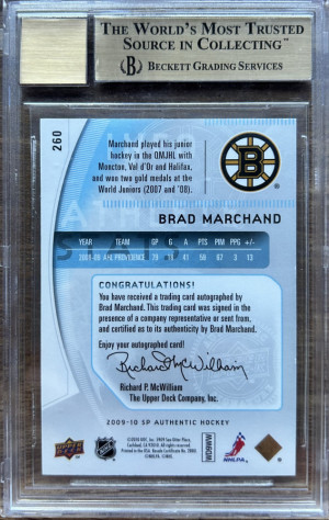 2009-10 SP AUTHENTIC FUTURE WATCH BRAD MARCHAND RC /999 BGS 9.5 back