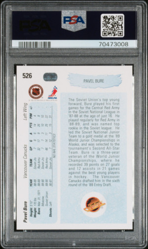 1990 UPPER DECK #526 PAVEL BURE RC YOUNG GUNS HOF PSA 10 back