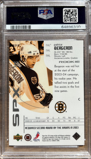 2002 SPx ROOKIE REDEMPTION #R215 PATRICE BERGERON RC #/500 PSA 10 back
