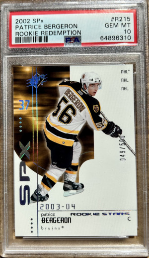 2002 SPx ROOKIE REDEMPTION #R215 PATRICE BERGERON RC #/500 PSA 10 front