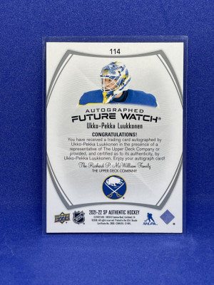 2021-22 Upperdeck SP Authentic Ukko-Pekka Luukkonen Future Watch auto /999 back