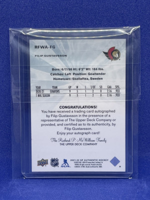 2021-22 SP Authentic FILIP GUSTAVSSON RC FUTURE WATCH AUTO ROOKIE /499 RETRO back