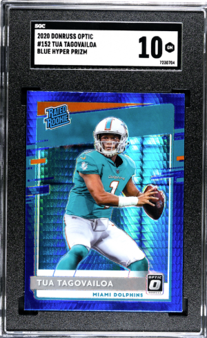Tua Tagovialoa Donruss Optic Blue Hyper Prizm Rated Rookie SGC 10 front