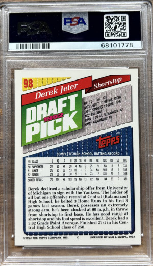 1993 Topps Derek Jeter Rookie Card PSA 9 back
