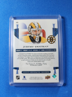 2022-23 Upper Deck Artifacts Emerald Material Relics #45 Jeremy Swayman /65 back