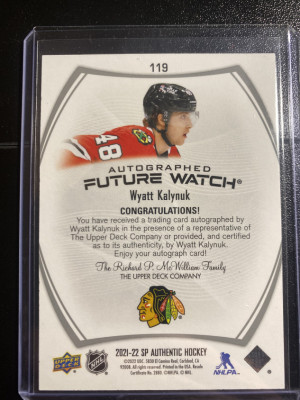 Wyatt Kalynuk 21-22 SP Authentic Future Watch Auto 196/999 back