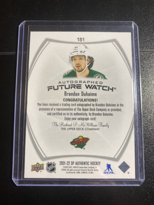 Brandon Duhaime 21-22 SP Authentic Future Watch Auto 728/999 back