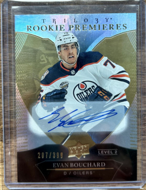 2018-19 Upper Deck Trilogy Evan Bouchard Rookie Premieres Auto /399 Level 2 front