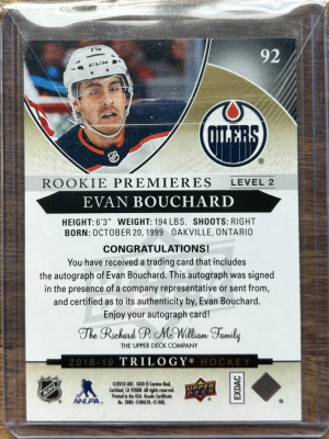 2018-19 Upper Deck Trilogy Evan Bouchard Rookie Premieres Auto /399 Level 2 back