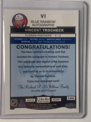 2015-16 Vincent Trocheck Platinum Blue Rainbow Autographs back