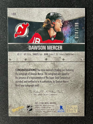 2021-22 Skybox Metal Universe Dawson Mercer #188 Rookie Auto /199 back