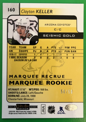 Clayton Keller OPC Platinum Marquee Rookies Seismic Gold #50/50 back