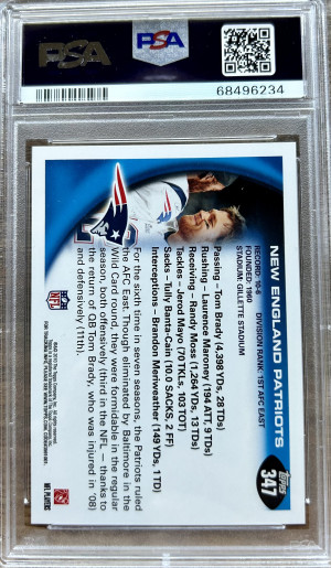 2010 TOPPS #347 TOM BRADY-RANDY MOSS PATRIOTS PSA 10 back