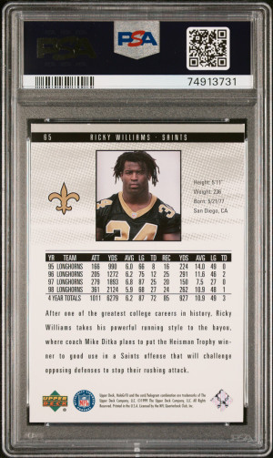 1999 UPPER DECK HOLOGrFX #65 RICKY WILLIAMS RC HEISMAN PSA 10 back