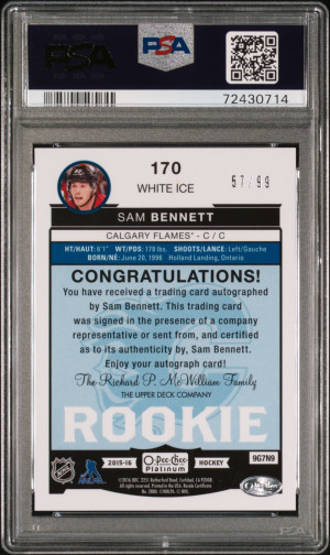 2015 OPC PLATINUM AUTO WHITE ICE SAM BENNETT RC #/99 POP 1 PSA 10 back