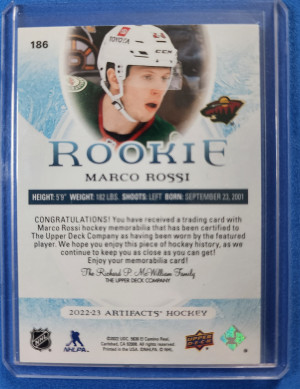 2022-23 Upper Deck Artifacts Horizontal Material Relics #186 Rookie Marco Rossi /399 back