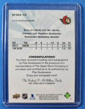 2021-22 SP AUTHENTIC FILIP GUSTAVSSON RETRO FUTURE WATCH AUTO ROOKIE/499 RFWA-FG back