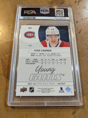 21-22 UD Young Guns Cole Caufield #201 PSA 8 back