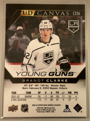 22-23 UD Canvas Young Guns #C226 Brandt Clarke Black & White back