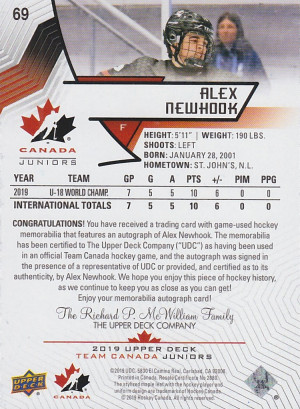 Alex Newhook 2019 Team Canada Juniors Jersey Auto /199 3 Color back