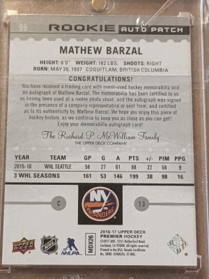 16-17 Premier RPA Mathew Barzel /299 back
