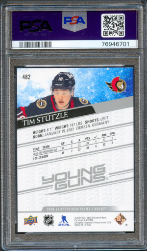2020 Upper Deck Tim Stutzle Young Guns PSA 10 RC back