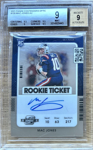 2021 Contenders Optic RC Mac Jones Auto Rookie Card #109 Patriots BGS 9/9 front