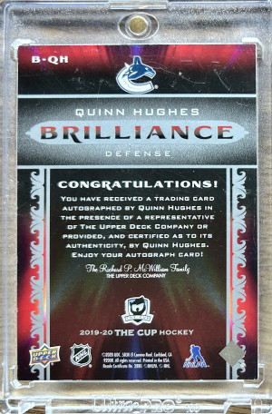 2019-20 UD THE CUP BRILLIANCE ROOKIE AUTOGRAPH AUTO QUINN HUGHES back