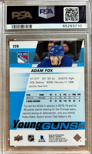 2019 Upper Deck Adam Fox Young Guns Rookie PSA 9 back