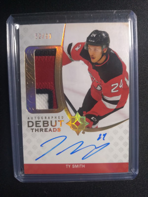 Ty Smith 2020-21 Ultimate  Autographed Debut Threads 3 color patch front