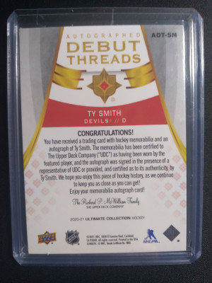Ty Smith 2020-21 Ultimate  Autographed Debut Threads 3 color patch back