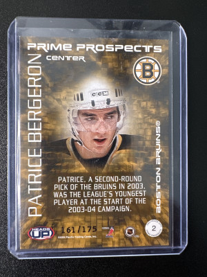 2003-04 HEADS UP PATRICE BERGERON ROOKIE PRIME PROSPECTS HOBBY LTD #ed 161/175 back