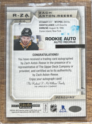 2018-19 O-Pee-Chee Platinum Rookie Autos Zach Aston-Reese #R-ZA Rookie Auto RC back