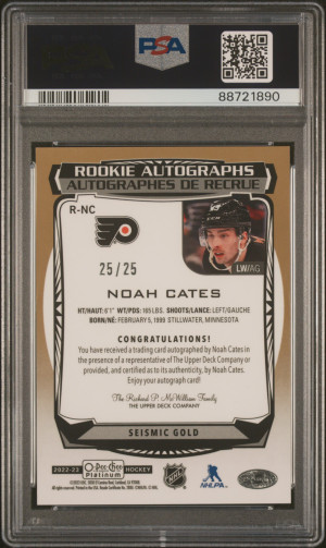 2022 O-Pee-Chee Platinum Rookie Autographs Noah Cates Rookie Auto-Seismic Gold back